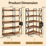 Asofer 65" H Reversible Corner Bookshelf, 5 Tier Bookshelf with 4 Hooks, Industrial Display Freestanding Bookcase for Living Room Office, Retro