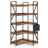 Asofer 65" H Reversible Corner Bookshelf, 5 Tier Bookshelf with 4 Hooks, Industrial Display Freestanding Bookcase for Living Room Office, Retro