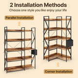 Asofer 65" H Reversible Corner Bookshelf, 5 Tier Bookshelf with 4 Hooks, Industrial Display Freestanding Bookcase for Living Room Office, Retro