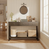 Asofer 3 Drawer Wooden Sofa Table, Modern Accent Console Table with Metal Round Handles for Entrance Hall, Retro
