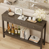Asofer 3 Drawer Wooden Sofa Table, Modern Accent Console Table with Metal Round Handles for Entrance Hall, Retro
