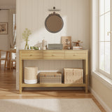 Asofer 3 Drawer Wooden Sofa Table, Modern Accent Console Table with Metal Round Handles for Entrance Hall, Nutural