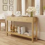 Asofer 3 Drawer Wooden Sofa Table, Modern Accent Console Table with Metal Round Handles for Entrance Hall, Nutural