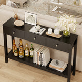 Asofer 3-Drawer Sofa Table, Modern Console with 2-Tier Open Shelf & Metal Round Handles, Large Storage for Entryway, Black