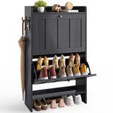 Asofer Shoe Cabinet with 2 Flip-Down Drawers & Open Storage – Freestanding Narrow Entryway for Hallway, Closet, Dorm, Black