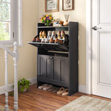 Asofer Shoe Cabinet with 2 Flip-Down Drawers & Open Storage – Freestanding Narrow Entryway for Hallway, Closet, Dorm, Black