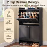 Asofer Shoe Cabinet with 2 Flip-Down Drawers & Open Storage – Freestanding Narrow Entryway for Hallway, Closet, Dorm, Black