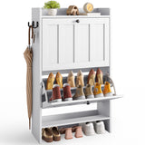 Asofer Shoe Cabinet with 2 Flip-Down Drawers & Open Storage – Freestanding Narrow Entryway for Hallway, Closet, Dorm, White