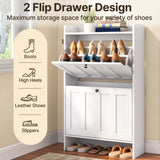 Asofer Shoe Cabinet with 2 Flip-Down Drawers & Open Storage – Freestanding Narrow Entryway for Hallway, Closet, Dorm, White