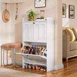 Asofer Shoe Cabinet with 2 Flip-Down Drawers & Open Storage – Freestanding Narrow Entryway for Hallway, Closet, Dorm, White