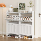 Asofer Shoe Cabinet with 4 Flip-Down Drawers & Open Storage – Freestanding Narrow Entryway for Hallway, Closet, Dorm, White