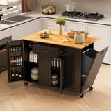 51.6" Modern Kitchen Island with Trash Can Storage Cabinet, Rolling Kitchen Island Cart on Wheels with 1 Drawer & 3 Door with Inner Adjustable Shelves, Black