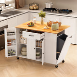 51.6" Modern Kitchen Island with Trash Can Storage Cabinet, Rolling Kitchen Island Cart on Wheels with 1 Drawer & 3 Door with Inner Adjustable Shelves, White