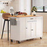 51.6" Modern Kitchen Island with Trash Can Storage Cabinet, Rolling Kitchen Island Cart on Wheels with 1 Drawer & 3 Door with Inner Adjustable Shelves, White