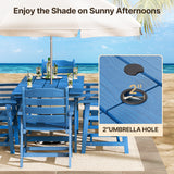 Patio Dining Set, Asofer Outdoor Dining Set for 6 with Umbrella Hole, Waterproof HIPS Material for Garden, Backyard, Lawn, Blue
