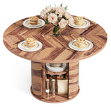 Asofer Round Dining Table for 4, Circle Dining Table with 2-Layer Storage and Smooth Sliding Wood Doors, Iron Strip Frame Base for Kitchen Living Room, Brown