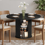 Asofer Round Dining Table for 4, Circle Dining Table with 2-Layer Storage and Smooth Sliding Wood Doors, Iron Strip Frame Base for Kitchen Living Room, Black