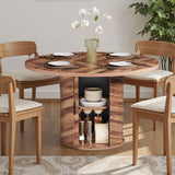 Asofer Round Dining Table for 4, Circle Dining Table with 2-Layer Storage and Smooth Sliding Wood Doors, Iron Strip Frame Base for Kitchen Living Room, Brown
