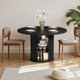 Asofer Round Dining Table for 4, Circle Dining Table with 2-Layer Storage and Smooth Sliding Wood Doors, Iron Strip Frame Base for Kitchen Living Room, Black
