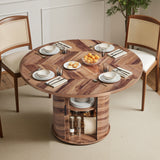 Asofer Round Dining Table for 4, Circle Dining Table with 2-Layer Storage and Smooth Sliding Wood Doors, Iron Strip Frame Base for Kitchen Living Room, Brown