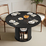 Asofer Round Dining Table for 4, Circle Dining Table with 2-Layer Storage and Smooth Sliding Wood Doors, Iron Strip Frame Base for Kitchen Living Room, Black