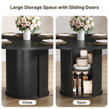 Asofer Round Dining Table for 4, Circle Dining Table with 2-Layer Storage and Smooth Sliding Wood Doors, Iron Strip Frame Base for Kitchen Living Room, Black