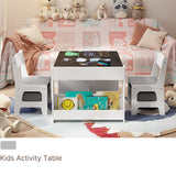Asofer 4-in-1 Kids Table Set with 2 Chairs, Bookshelves and Storage Drawer for Drawing Playing Studying Eating, Gray