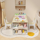 3 in 1 Kid Table & Chair Set Drawing, Child Activity Table, Kids Table Set Painting with Cabinet - Natrual
