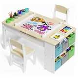 3 in 1 Kid Table & Chair Set Drawing, Child Activity Table, Kids Table Set Painting with Cabinet - Natrual