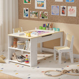 3 in 1 Kid Table & Chair Set Drawing, Child Activity Table, Kids Table Set Painting with Cabinet - Natrual