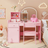 Kids Vanity, Lofka Princess Makeup Vanity Desk with Lights, Open Shelves, Storage Cabinet & Drawer, Lighted Mirror Toddler Vanity Table & Chair Set for Little Girls (Pink)