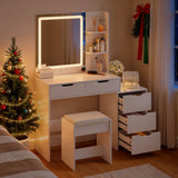 Asofer 6-Piece White Bedroom Set: King Bed Frame, LED Vanity, 2 Drawer Dressers and 2 Charging Nightstands