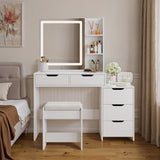 Asofer 6-Piece White Bedroom Set: King Bed Frame, LED Vanity, 2 Drawer Dressers and 2 Charging Nightstands