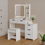 Asofer 6-Piece White Bedroom Set: King Bed Frame, LED Vanity, 2 Drawer Dressers and 2 Charging Nightstands