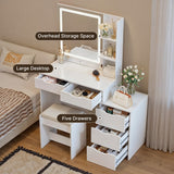 Asofer 6-Piece White Bedroom Set: King Bed Frame, LED Vanity, 2 Drawer Dressers and 2 Charging Nightstands