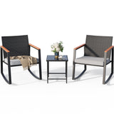 3 Piece Rocking Patio Bistro Chairs Set , Outdoor Wicker Balcony Furniture Sets, Handwoven PE Rattan Chairs and Glass Table Set for Deck, Garden, Balcony - Gray Cushions
