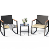 3 Piece Rocking Patio Bistro Chairs Set , Outdoor Wicker Balcony Furniture Sets, Handwoven PE Rattan Chairs and Glass Table Set for Deck, Garden, Balcony - Beige Cushions