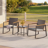 3 Piece Rocking Patio Bistro Chairs Set , Outdoor Wicker Balcony Furniture Sets, Handwoven PE Rattan Chairs and Glass Table Set for Deck, Garden, Balcony - Gray Cushions