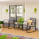 Asofer 3 Piece Outdoor Bistro Set,Porch Rocking Chairs Sets with Glass Coffee Table & Cushion, for Balcony, Garden, Beige、Gray