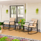 Asofer 3 Piece Outdoor Bistro Set,Porch Rocking Chairs Sets with Glass Coffee Table & Cushion, for Balcony, Garden, Beige