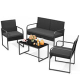 Asofer 4 Pieces Patio Furniture Set, All-Weather Outdoor Rattan Conversation Set with Glass Table for Lawn, Porch, Black