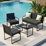 Asofer 4 Pieces Patio Furniture Set, All-Weather Outdoor Rattan Conversation Set with Glass Table for Lawn, Porch, Black
