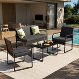 Patio Furniture Set, Asofer 4 Pieces All-Weather Outdoor Rattan Conversation Set with Glass Table for Lawn, Porch, Black