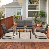 Lofka 4-Piece Outdoor Rocking Patio Set, Black Steel Conversation Set with Loveseat, Rocking Chairs & Side Table, Waterproof Beige Cushions for Backyard, Porch, Poolside,Gray