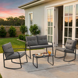 Lofka Outdoor Patio Furniture Set, Black Steel Loveseat & Rocking Chairs,versation Set with  Waterproof Cushions for Backyard|Porch|Poolside, Grey
