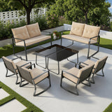 Lofka 8-Piece Outdoor Rocking Patio Set, 2 Loveseats & 4 Rocking Chairs, Black Steel Conversation Set with Waterproof Beige Cushions, Large Family Size for Backyard, Porch, Poolside