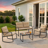 Lofka 4 Piece Outdoor Rocking Patio Set, Black Steel Conversation Set with Loveseat & Rocking Chairs, Waterproof Cushions for Backyard|Porch|Poolside, Cushion-Beige