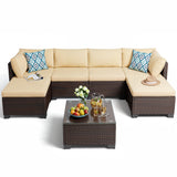 Asofer 7 Piece Outdoor Patio Conversation Sets，Patio Sectional Furniture Set with Ottomans and A Coffee Table for Courtyard，Poolside，Party，Gray/Beige