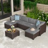 Asofer 7-Piece Patio Furniture Set with Rattan Sofa & Thickened Cushions & Coffee Table for Garden, Backyard, Gray