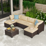 Asofer 7-Piece Patio Furniture Set with Rattan Sofa & Thickened Cushions & Coffee Table for Garden, Backyard, Beige